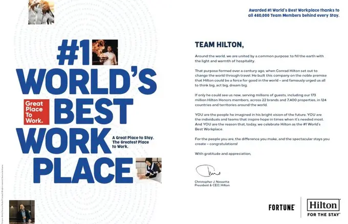 Hilton Named No. 1 Best Place to Work in the World