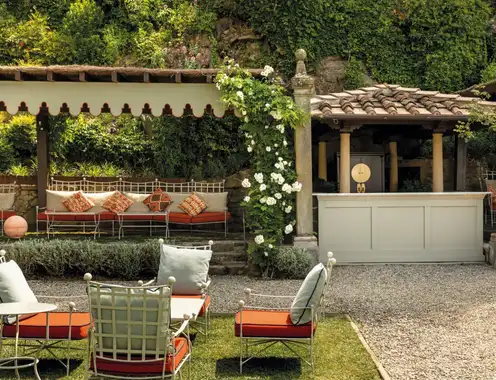Villa San Michele, a Belmond Hotel, Florence; From Above; Bar San Michele, Surrounded by the Perfumed Roses and Herbs of Our Gardens