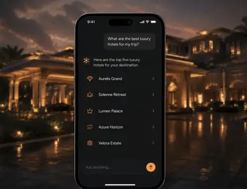 AI assistant recommending five luxury hotels while the property behind it goes unmentioned