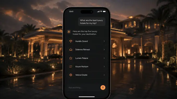 AI assistant recommending five luxury hotels while the property behind it goes unmentioned