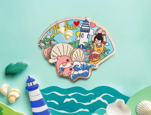 Carbon-neutral fridge magnets, serving as miniature portraits of coastal hotels and resorts