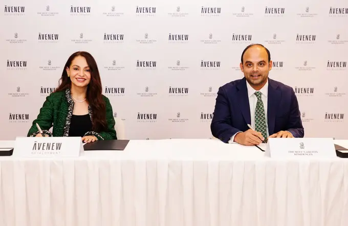 L to R: Rasha Hasan, Managing Partner, AVENEW Development, Jaidev Menezes, Regional Vice President – Mixed-Use Development, EMEA, Marriott International ......