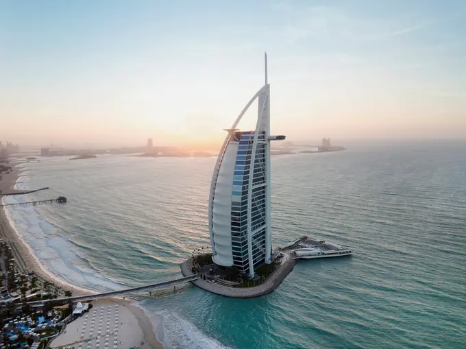 Burj Al Arab Jumeirah   Aerial at Sunset ......