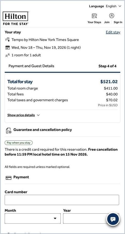 Hilton New York · 19 Oct · Payment, step 4 of 4 · HTTP 200