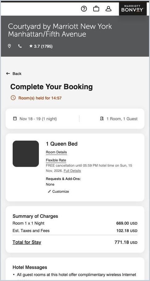 Marriott · 19 Oct · Complete Your Booking · HTTP 200